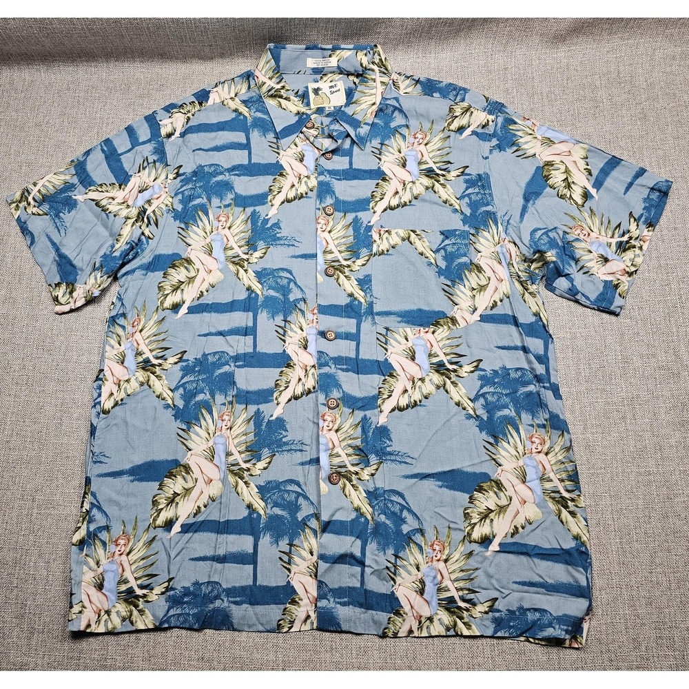 ME Sport Hawaiian Shirt Mens XL Blue Pin-Up Aloha Palm Tree Rayon Vintage Style
